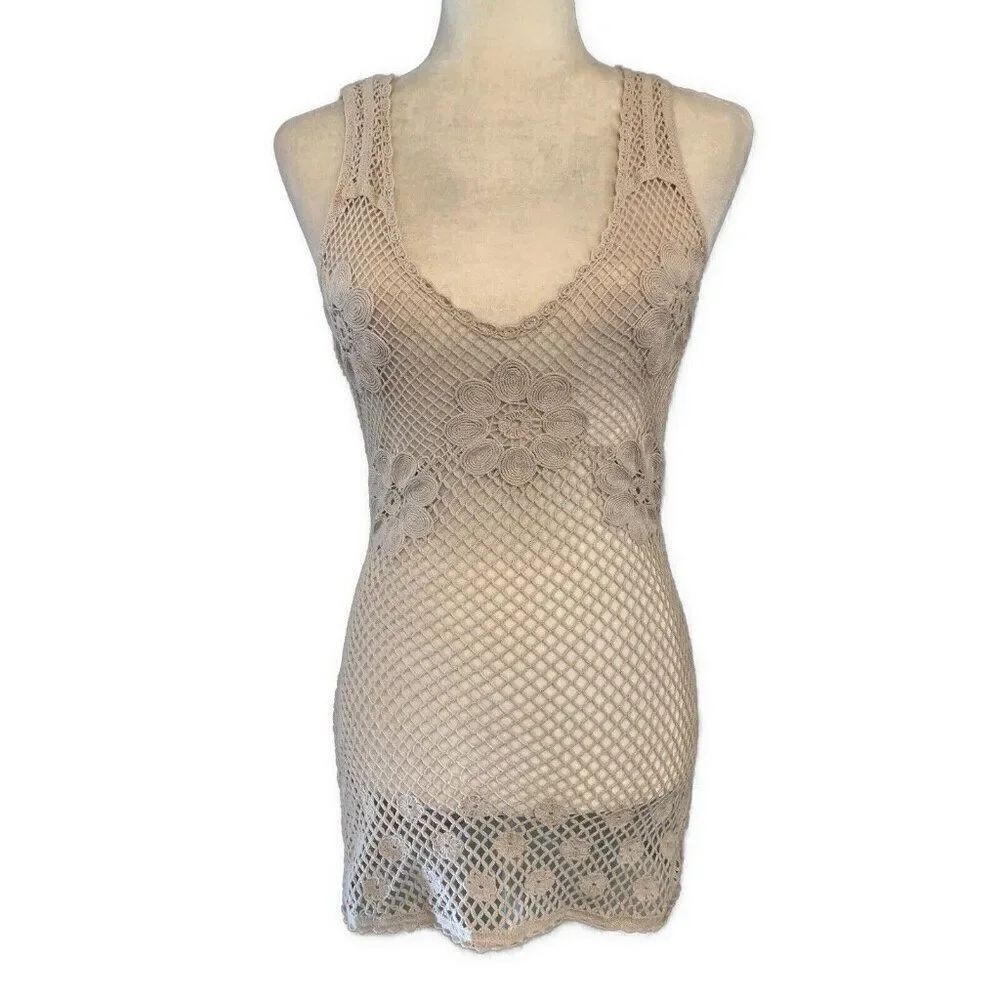 urban outfitters Womens Solid Beige Knit Mesh Floral V Neck Tank Top Xs